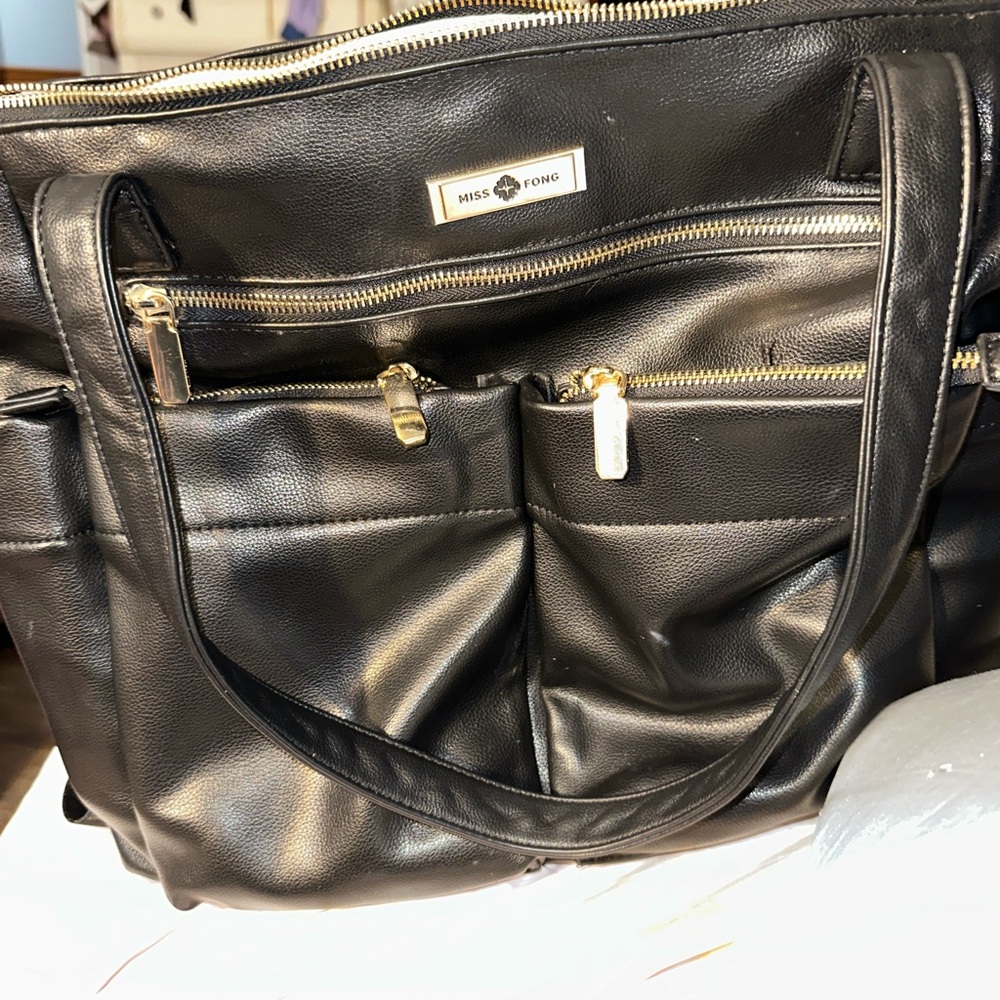 Miss fong soft Black Leather Baby Bag so many pockets insulated good accents new - Picture 15 of 16